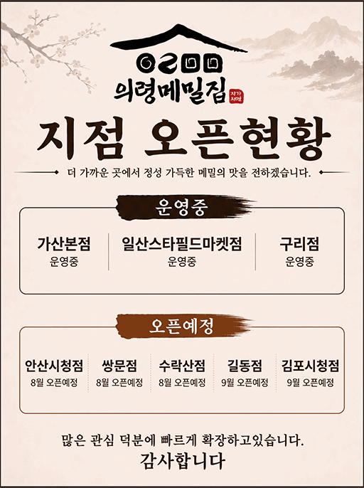 의령메밀집 지점 오픈현황